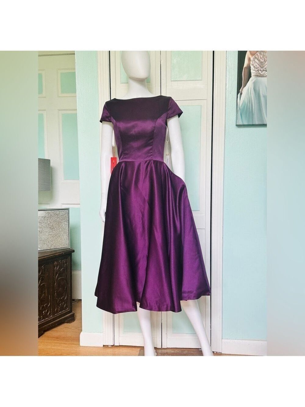 Size 8 Cocktail Satin Eggplant Purple Mother of Bride Groom 50’s costume dress